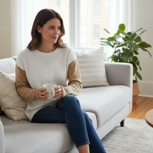 Vince Camuto Cream/Brown Crewneck Sweater